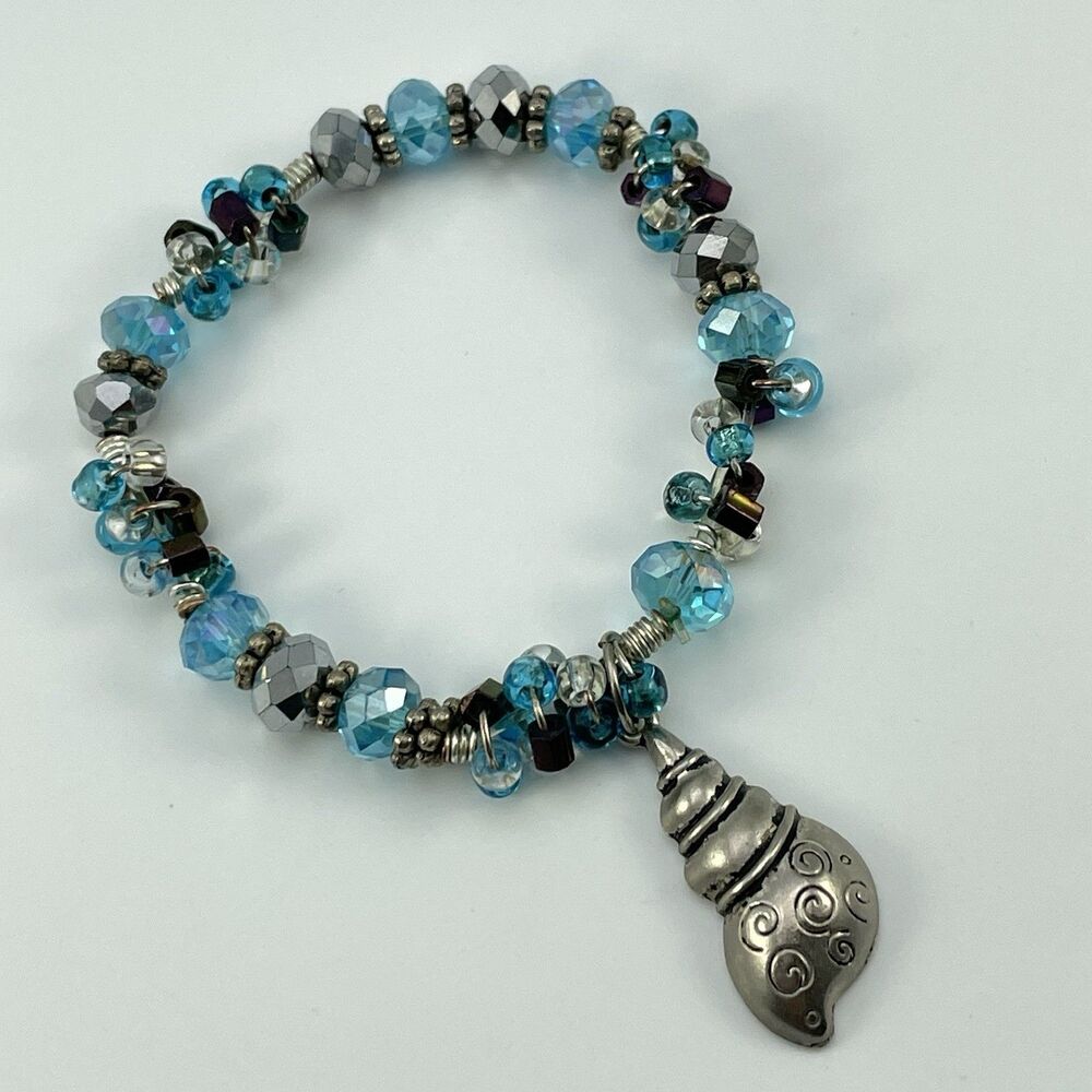 Beach Blue Silver Glass Beaded Shell Charm Stretch Bracelet Boho Nautical